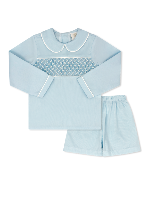 Liam Short Set - Birmingham Blue Pique, Smocking