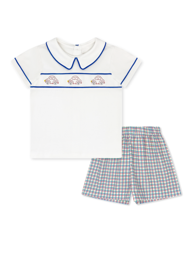 Carson Short Set - Cars, Primary Plaid