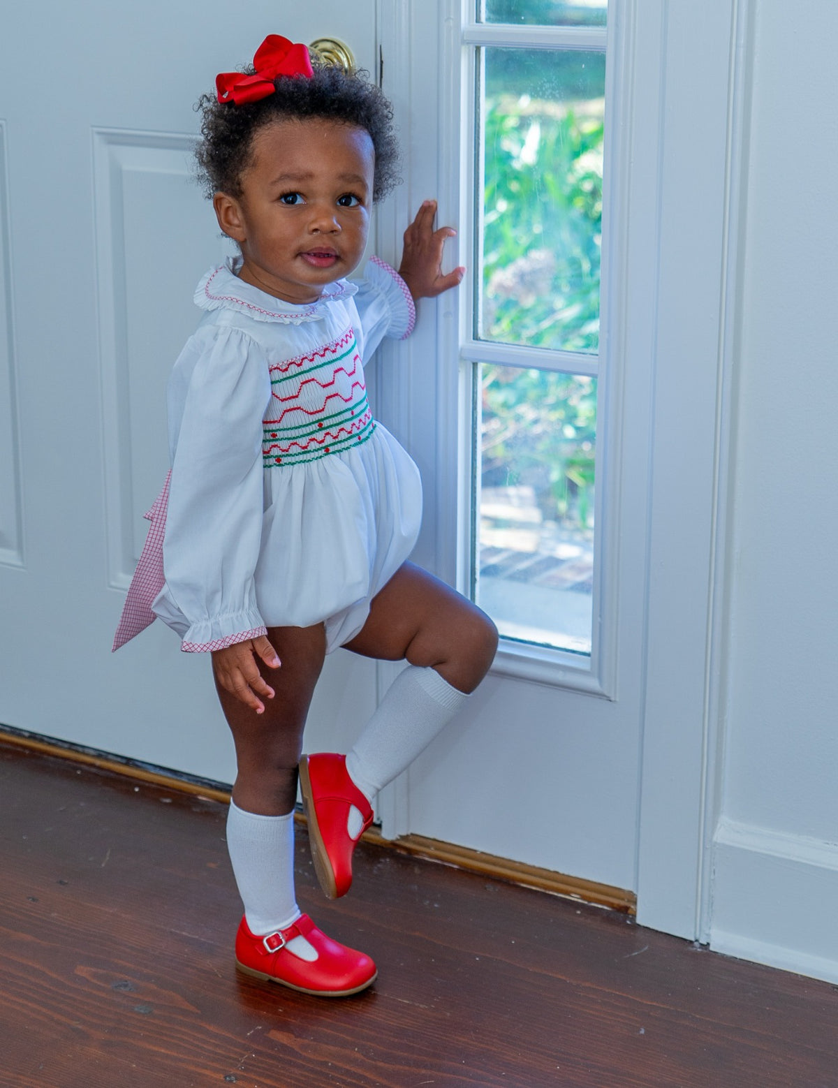 Sadie Bubble - White, Redford Red Windowpane, Smocking