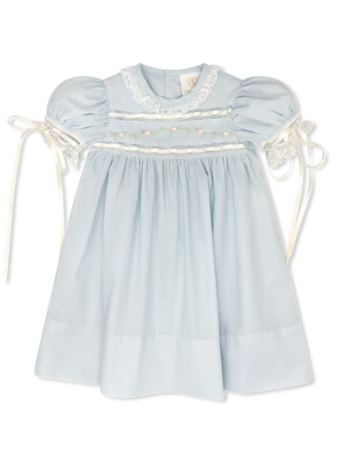 Tiny Town Dress - Blessings Blue Batiste, Floral Embroidery
