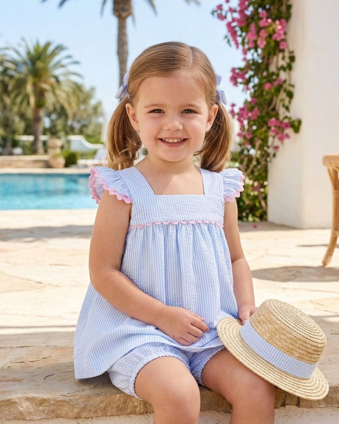 Sally Swing Set - Simply Blue Seersucker, Pink Ric Rac Trim - Classic Sets | Lullaby Set